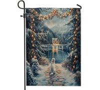 Drapeaux de jardin de Noël en forme de chien des Pyrénées - 30,5 x 45,7 cm - Double face pour l'extérieur - Motif scène enneigée de Noël - Drapeaux de maison en toile standard pour maison, cour, cour