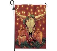 Drapeaux de jardin de Noël en forme de tête de mort de vache occidentale 30,5 x 45,7 cm pour l'extérieur, drapeaux verticaux de Noël sud-ouest standard en lin pour maison, vacances, Nouvel An, cour