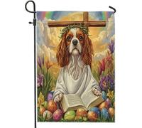 Drapeaux de jardin de Pâques Cavalier King Charles Épagneul 30,5 x 45,7 cm Double face pour extérieur, motif croix rétro œuf chiot en toile standard Drapeaux de maison, drapeau de campagne avant cour