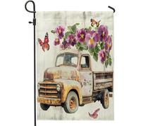 Drapeaux de jardin de pensée printanière, 30,5 x 45,7 cm, double face pour extérieur, fleurs en bois rustique, camion, toile de jute, drapeaux floraux, arrière-cour, petites maisons, décoration