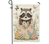 Drapeaux de jardin de printemps de Pâques en raton laveur 30,5 x 45,7 cm double face pour décoration extérieure, œufs mignons et amusants, motif animal, drapeau de maison, fleurs sauvages, petit