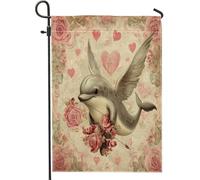 Drapeaux de jardin de Saint-Valentin avec dauphins 30,5 x 45,7 cm double face pour extérieur, océan, mer, vie marine, cœur, drapeau d'extérieur standard, pour couple d'amant, cour, cour, pelouse