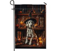 Drapeaux de jardin d'Halloween en forme de chien dalmatien 30,5 x 45,7 cm pour l'extérieur, livres magiques effrayants sorciers, chiots - Drapeaux verticaux standard en lin pour maison, animal de