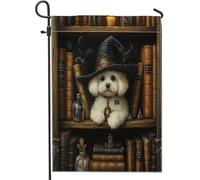 Drapeaux de jardin d'Halloween en forme de chien frisé bichon frisé 30,5 x 45,7 cm pour l'extérieur, livres magiques effrayants sorciers, chiots - Drapeaux verticaux standard en lin pour maison