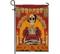 Drapeaux de jardin d'Halloween en forme de crâne en sucre - 30,5 x 45,7 cm - Double face pour extérieur, squelette esthétique mexicain - Toile standard - Décoration d'extérieur - Jour des morts - Pour