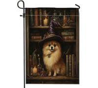 Drapeaux de jardin d'Halloween pour chien de Poméranie 30,5 x 45,7 cm pour extérieur, livres magiques effrayants sorciers, chiots - Drapeaux verticaux standard en lin pour maison, animal de compagnie