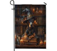 Drapeaux de jardin d'Halloween pour chien Doberman 30,5 x 45,7 cm pour l'extérieur, livres magiques effrayants sorciers, chiots - Drapeaux verticaux standard en lin pour maison, animal de compagnie