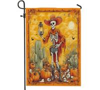 Drapeaux de jardin d'Halloween squelette western cowboy 30,5 x 45,7 cm double face pour extérieur, motif crâne du sud-ouest vintage en toile standard, drapeau de maison, esthétique pour cour, cour