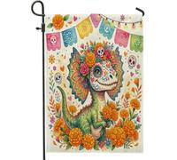 Drapeaux de jardin Dilophosaure Jour des morts 30,5 x 45,7 cm double face pour extérieur, tête de mort florale avant cour petits drapeaux de maison en toile de jute pour extérieur