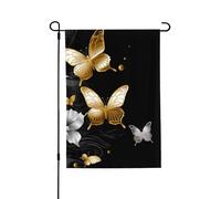 Drapeaux de jardin double face 28 x 40 pouces Petits drapeaux de jardin pour bannière de vacances extérieure Papillons blancs dorés Drapeau de jardin noir Drapeaux de bienvenue en toile de jute de f