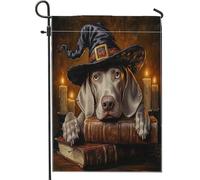 Drapeaux de jardin double face pour l'extérieur, livre magique, chiot, motif chien, sorcière, braque de Weimar, 30,5 x 45,7 cm, drapeau vintage pour jardin, pelouse, drapeau
