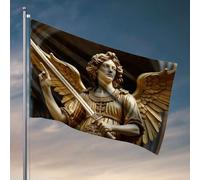 Drapeaux de jardin drôle statue d'ange doré tenant l'épée et pointant vers le haut. Drapeau cool drôle drapeaux amusants drapeaux amusants (30 x 45 cm)