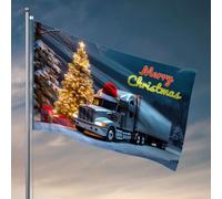 Drapeaux de jardin drôles avec un camion avec un chapeau de Père Noël devant un sapin de Noël. Drapeaux amusants (30 x 45 cm)