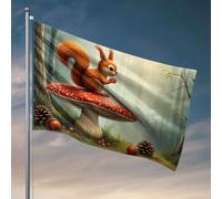 Drapeaux de jardin drôles avec un écureuil assis sur un champignon rouge dans une forêt. Drapeaux amusants (120 x 180 cm)