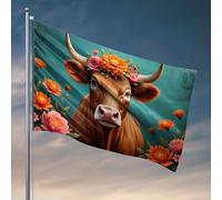 Drapeaux de jardin drôles avec une vache ornée de fleurs entourées de fleurs vibrantes. Drapeaux pour votre chambre, bar de grotte d'homme (120 x 180 cm)