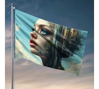 Drapeaux de jardin drôles de rêves urbains : une vision de la femme du futur drapeau manches à air extérieur drôle décoration de chambre (120 x 180 cm)