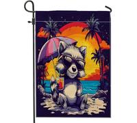Drapeaux de jardin drôles en forme de raton laveur - 30,5 x 45,7 cm - Double face pour décoration extérieure - Pour la plage des enfants - Palmier - Toile - Drapeau de maison - Animal extérieur