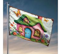 Drapeaux de jardin drôles Un charmant cottage rose avec un toit vert entouré de fleurs colorées. Drapeaux pour votre chambre Man Cave Bar (152 x 244 cm)