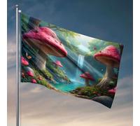 Drapeaux de jardin drôles Une forêt magique avec des champignons géants, des papillons et une cascade. Drapeaux pour votre chambre Man Cave Bar (30 x 45 cm)