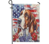 Drapeaux de jardin du 4 juillet Basset Hound - 30,5 x 45,7 cm - Double face pour décoration extérieure - Motif chien de l'indépendance - Drapeau américain pour jardin