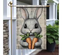 Drapeaux De Jardin Easter Bunny Cute Gray Rabbit Holding Carrots Spring Holiday Toutes Les Saisons Bannière Extérieure Premium Pelouse Drapeaux Pour Célébrations Jardinage M