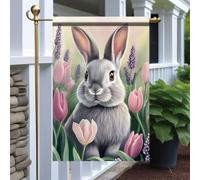 Drapeaux De Jardin Easter Bunny Gray Rabbit With Pink Tulips And Lavender Flowers Toutes Les Saisons Bannière Extérieure Résiste Aux Intempéries Treer Drapeau Pour Célébrations Balcon Fête M
