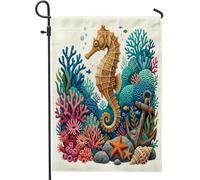 Drapeaux de jardin en feutre d'été en forme d'hippocampe de mer 30,5 x 45,7 cm pour l'extérieur, corail cool, drapeau vertical standard en lin, imprimé océan sous-marin, cour, pelouse, décoration
