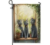 Drapeaux de jardin en forme de chat bleu russe de printemps 30,5 x 45,7 cm double face pour extérieur, fenêtre, plante en pot, chaton en toile verticale standard, drapeaux amusants pour animal de