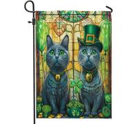 Drapeaux de jardin en forme de chat bleu russe pour la Saint-Patrick - 30,5 x 45,7 cm - Double face pour décoration extérieure, drapeau en toile en verre teinté - Motif trèfle pour animal domestique