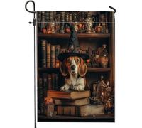 Drapeaux de jardin en forme de chien beagle d'Halloween 30,5 x 45,7 cm pour l'extérieur, livres magiques effrayants sorciers, chiots - Drapeaux verticaux standard en lin pour maison, animal de