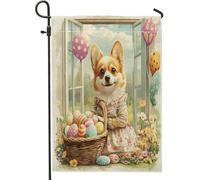 Drapeaux de jardin en forme de chien corgi de printemps de Pâques 30,5 x 45,7 cm double face pour extérieur, chiot Victoria Country en toile verticale standard, drapeaux de maison de ferme, avant de