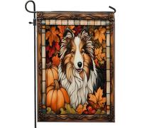 Drapeaux de jardin en forme de chien de berger Shetland d'automne 30,5 x 45,7 cm pour extérieur, vitrail d'automne pour animal domestique, drapeaux verticaux en lin pour maison, chiot, cour, jardin