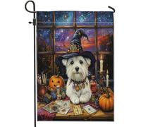 Drapeaux de jardin en forme de chien de sorcière d'Halloween 30,5 x 45,7 cm double face pour décoration extérieure, motif tarot, astrologie, chiot, drapeau de maison, petit drapeau de jardin