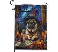 Drapeaux de jardin en forme de chien de sorcière d'Halloween 30,5 x 45,7 cm double face pour décoration extérieure, motif tarot, astrologie chiot, drapeau de maison, petit drapeau de jardin
