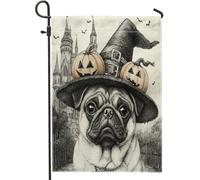 Drapeaux de jardin en forme de chien de sorcière d'Halloween 30,5 x 45,7 cm double face pour décoration extérieure, motif maison hantée vintage, drapeau de maison, drapeau amusant pour jardin