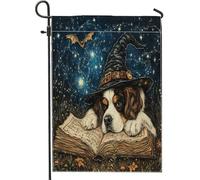Drapeaux de jardin en forme de chien de sorcière Saint-Bernard d'Halloween 30,5 x 45,7 cm double face pour décoration extérieure, livre magique vintage, motif chiot pour cour, maison, drapeau