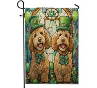 Drapeaux de jardin en forme de chien labradoodle de la Saint-Patrick, 30,5 x 45,7 cm, double face pour décoration extérieure, chiot en vitrail, drapeau en toile, trèfle pour animal de compagnie, petit