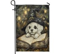 Drapeaux de jardin en forme de chien maltais de sorcière d'Halloween - 30,5 x 45,7 cm - Double face pour décoration extérieure, livre magique vintage - Motif chiot - Esthétique - Petit drapeau de