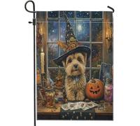 Drapeaux de jardin en forme de chien sorcière Cairn Terrier d'Halloween 30,5 x 45,7 cm double face pour décoration extérieure, motif tarot, astrologie chiot, drapeau de maison, petit drapeau de jardin