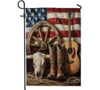 Drapeaux de jardin en forme de tête de mort de vache occidentale 30,5 x 45,7 cm pour extérieur, bottes de roue en bois, guitare, drapeaux verticaux standard en lin pour maison, drapeau vintage