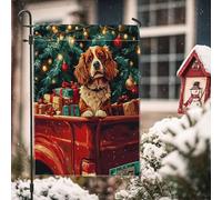 Drapeaux de jardin en forme d'épagneul Cavalier King Charles de Noël 30,5 x 45,7 cm double face pour décoration extérieure, camion d'arbre, chiot en toile, drapeau de maison, drapeau amusant pour