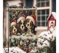 Drapeaux de jardin en forme d'épagneul Cavalier King Charles de Noël 30,5 x 45,7 cm pour extérieur, boules, fenêtre, chiot - Drapeaux verticaux standard en lin pour maison, cour, cour, pelouse