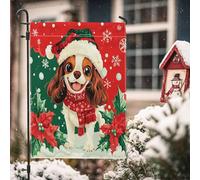 Drapeaux de jardin en forme d'épagneul Cavalier King Charles de Noël 30,5 x 45,7 cm pour extérieur, chiot poinsettia de Noël, drapeaux verticaux standard en lin, amusants pour cour, cour, pelouse