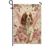 Drapeaux de jardin en forme d'épagneul Cavalier King Charles de Saint Valentin 30,5 x 45,7 cm double face pour décoration extérieure, chiot vintage en toile pour maison, petit drapeau rétro
