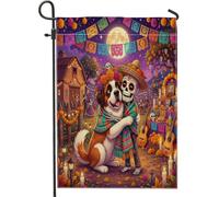 Drapeaux de jardin en toile de jute avec motif chien Jour des morts St. Bernard - 30,5 x 45,7 cm - Double face pour extérieur, squelette amusant, petite maison, ferme, porche, pelouse