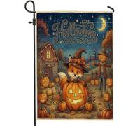 Drapeaux de jardin en toile de jute avec renards d'Halloween - 30,5 x 45,7 cm - Double face pour extérieur, ferme, petite maison, citrouilles, porche, pelouse