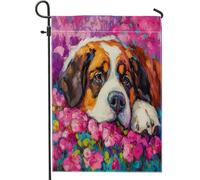 Drapeaux de jardin en toile de jute pour animaux de compagnie, décoration extérieure - Motif chien Saint-Bernard - 30,5 x 45,7 cm - Double face pour extérieur, peinture à l'huile - Fleur de pêche