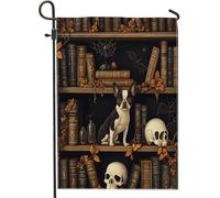 Drapeaux de jardin en toile de jute pour Halloween Boston Terrier - 30,5 x 45,7 cm - Double face pour l'extérieur, livres magiques effrayants - Motif chiot - Petits drapeaux de pelouse, pour maison ou