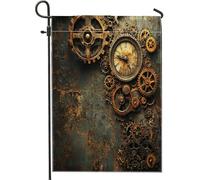 Drapeaux de jardin en toile de jute sur le thème de l'horloge industrielle - 30,5 x 45,7 cm - Double face pour extérieur, pavillons mécaniques steampunk pour petite maison, porche, pelouse, drapeaux