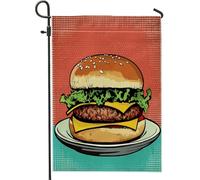 Drapeaux de jardin en toile de jute sur le thème des hamburgers de dessin animé - 30,5 x 45,7 cm - Double face pour extérieur, hamburgers rétro vintage - Drapeaux de petite maison, porche, pelouse